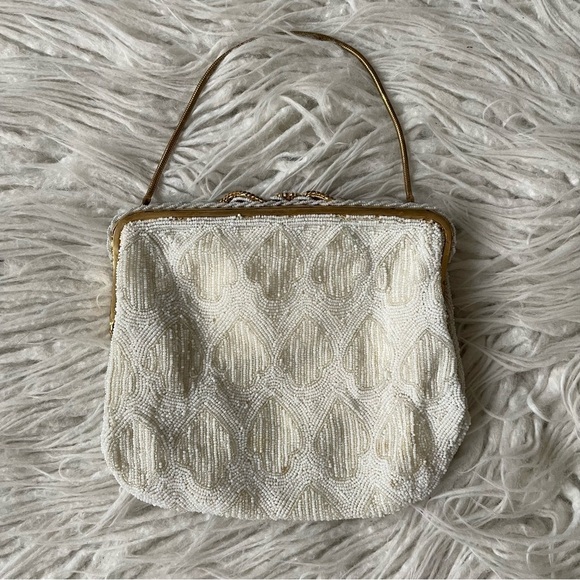 Calvaire New York Vintage Ivory Beaded Gold Hardware Small Evening Bag Pouchette - Picture 2 of 12